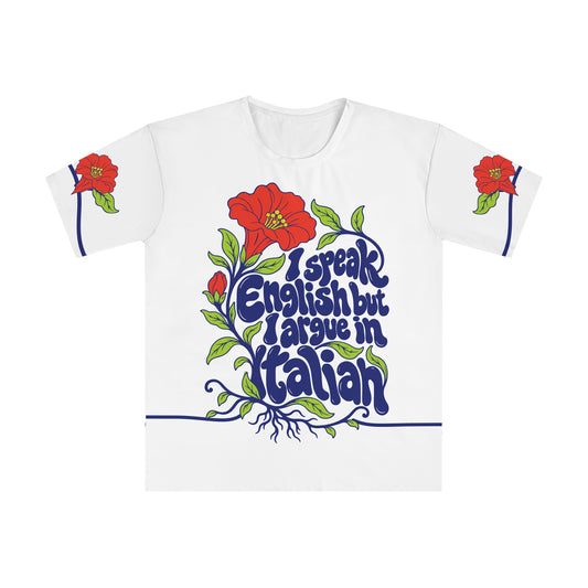 Front of I speak English but I argue in Italian T-shirt with cobalt lettering and botanical artwork