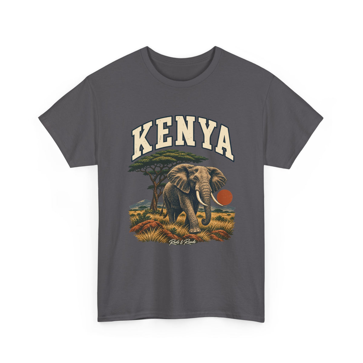 Front view of a Charcoal Gildan 5000 T-shirt with cream KENYA lettering, an elephant, an acacia canopy, grassland and a rust-coloured sun, and Roots & Roads script.