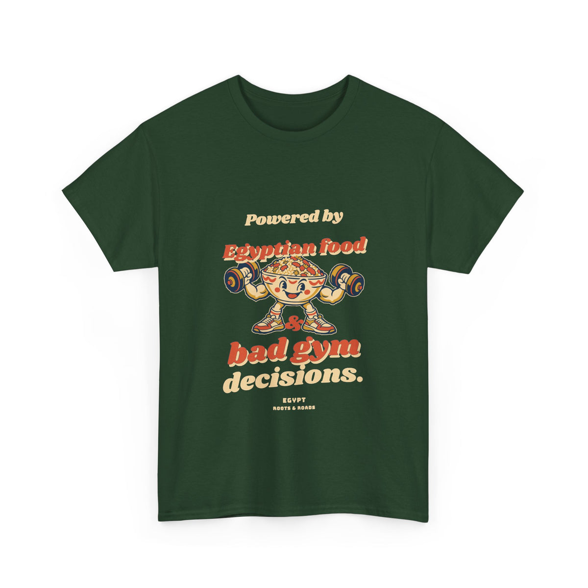 Egypt Bad Gym Decisions T-Shirt — Forest Green front with rounded vintage lettering and playful food-bowl lifter, Roots & Roads