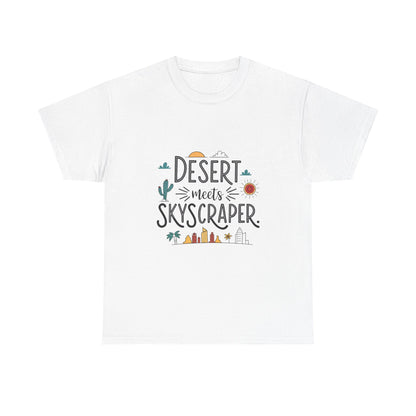 Front view of the Qatar Desert Wisdom, Skyscraper Dreams T-Shirt