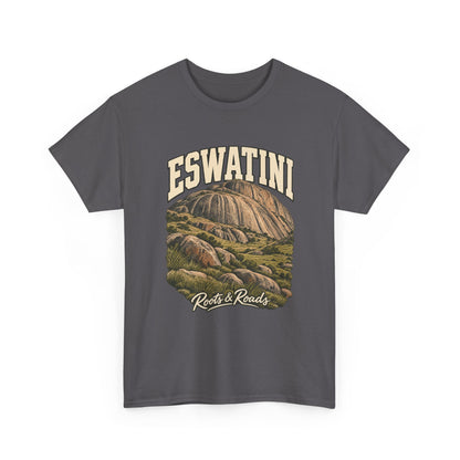 Front view of a Charcoal Gildan 5000 T-shirt with cream ESWATINI lettering above rounded rock faces, grasses and boulders, finished with Roots & Roads script.