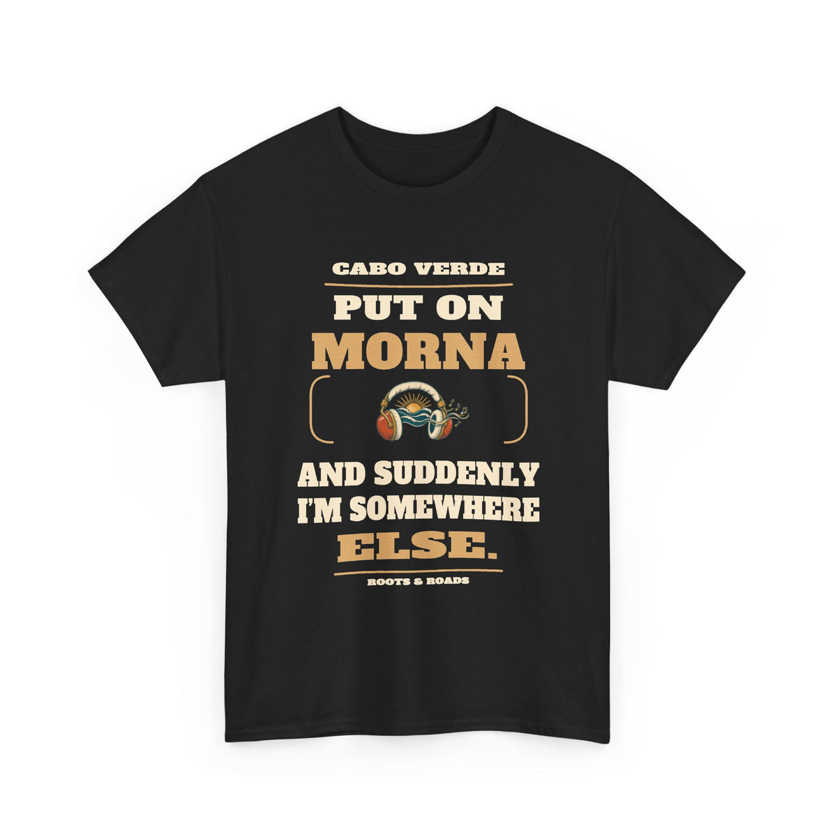 Front view of Cabo Verde Morna Memories T-Shirt in Black, showing the Roots & Roads printed design.