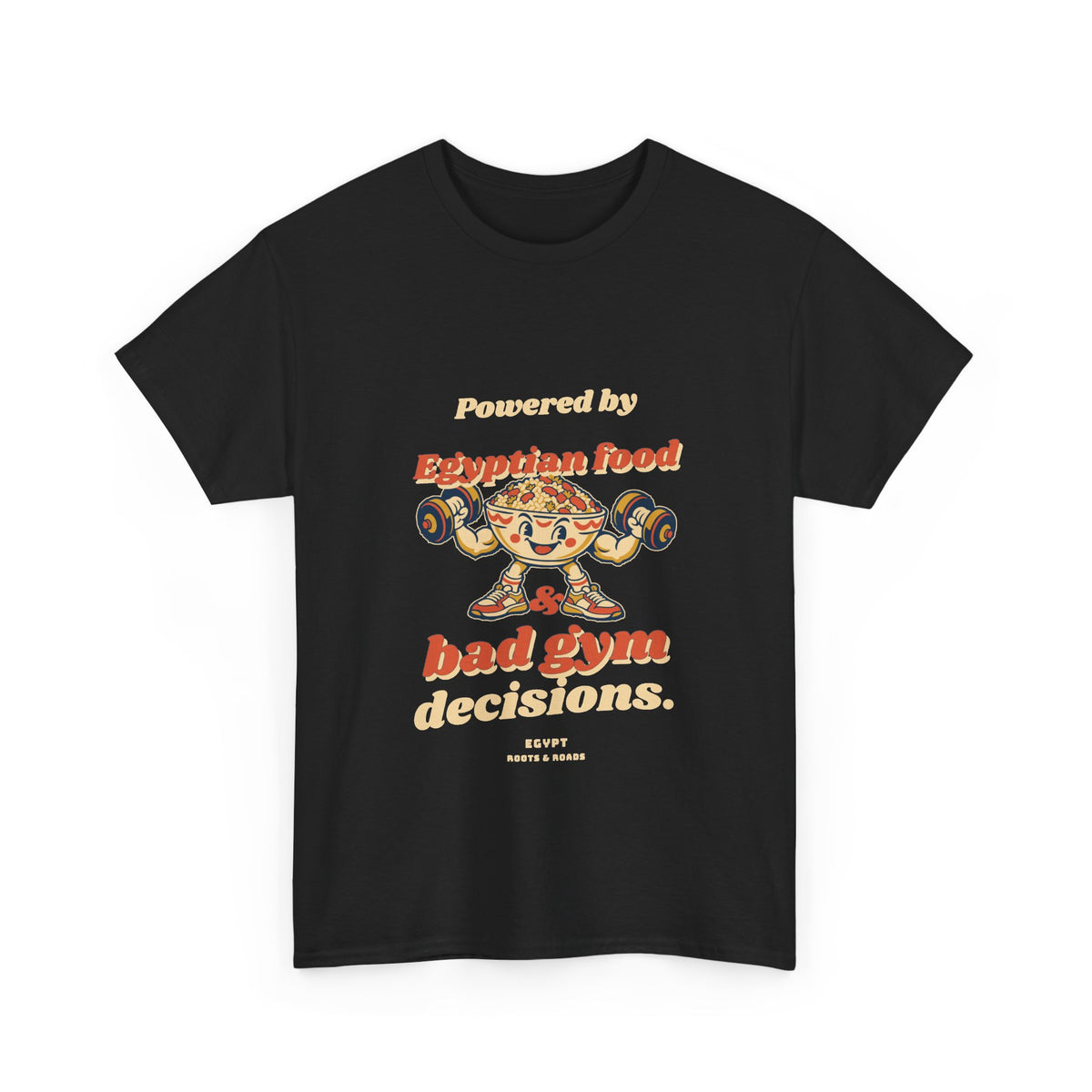 Egypt Bad Gym Decisions T-Shirt — Black front with rounded vintage lettering and playful food-bowl lifter, Roots & Roads