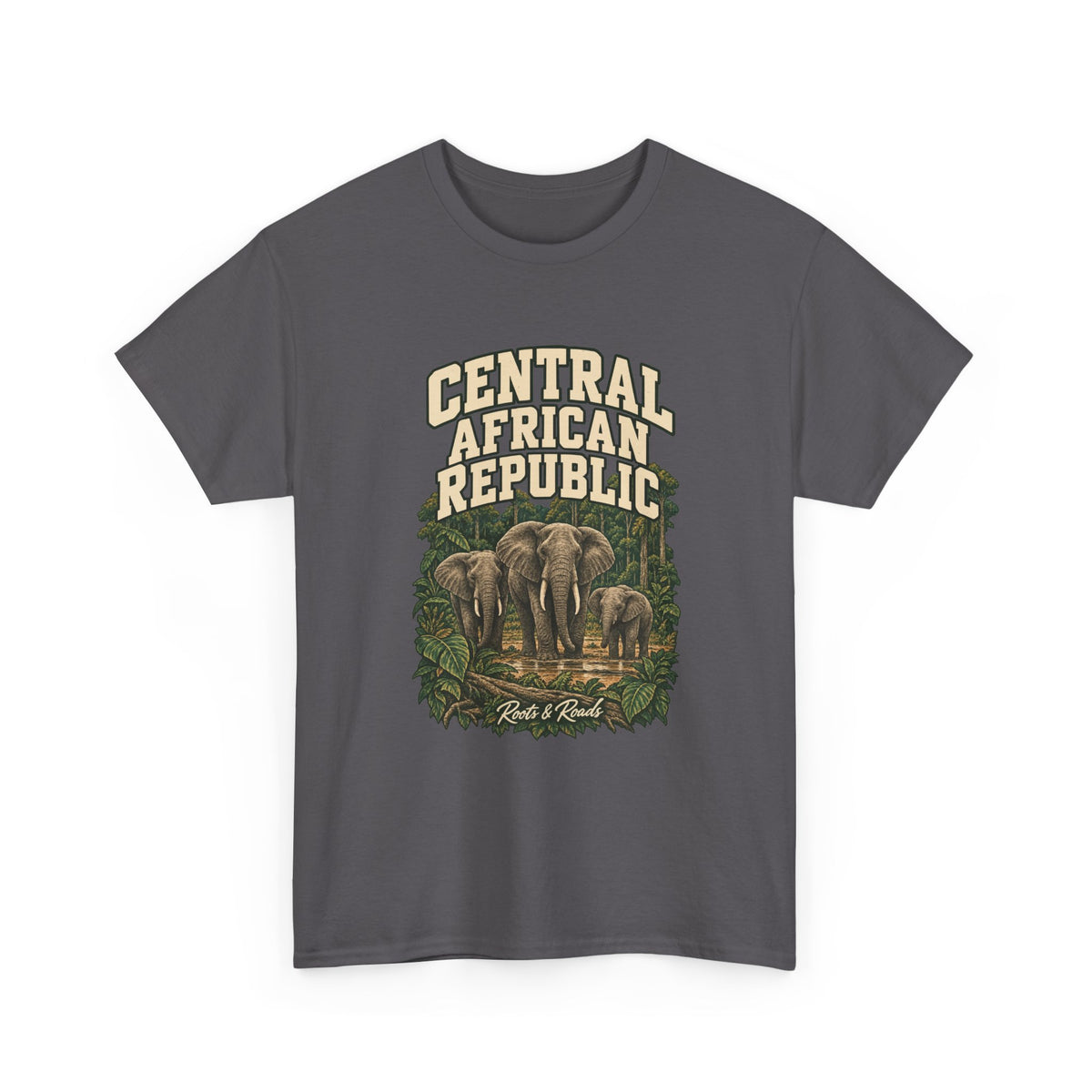Front view of a Charcoal Gildan 5000 T-shirt with cream three-line CENTRAL AFRICAN REPUBLIC lettering above three forest elephants framed by leaves, finished with Roots & Roads script.