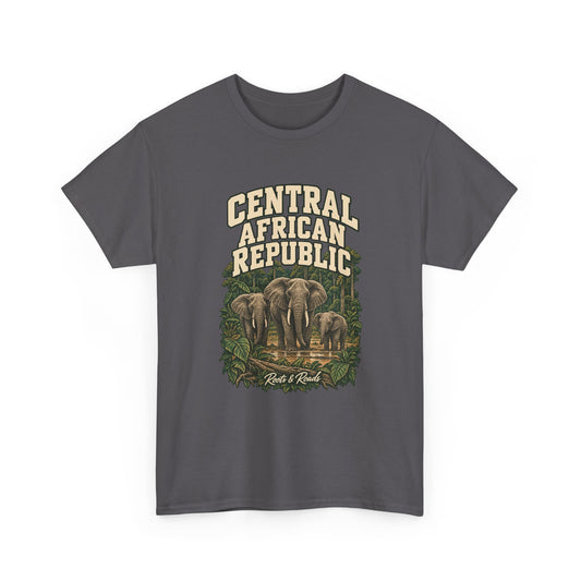 Front view of a Charcoal Gildan 5000 T-shirt with cream three-line CENTRAL AFRICAN REPUBLIC lettering above three forest elephants framed by leaves, finished with Roots & Roads script.