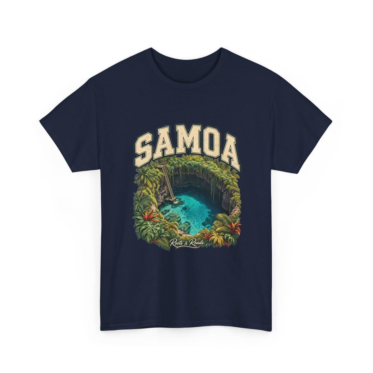 Front view of the navy Gildan 5000 Samoa Fresh Prints T-shirt with cream SAMOA lettering, To-Sua Ocean Trench illustration and Roots & Roads signature.