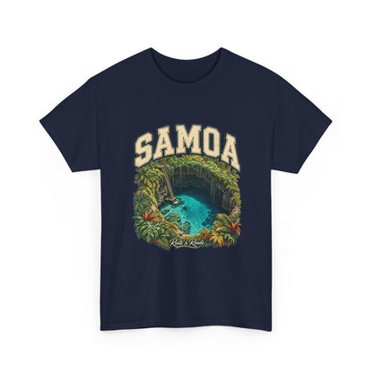 Front view of the navy Gildan 5000 Samoa Fresh Prints T-shirt with cream SAMOA lettering, To-Sua Ocean Trench illustration and Roots & Roads signature.