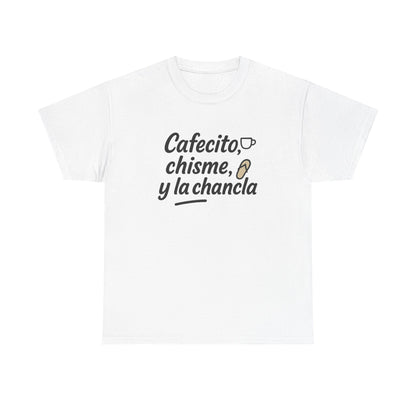 White Mexico T-shirt with Cafecito, chisme, y la chancla lettering