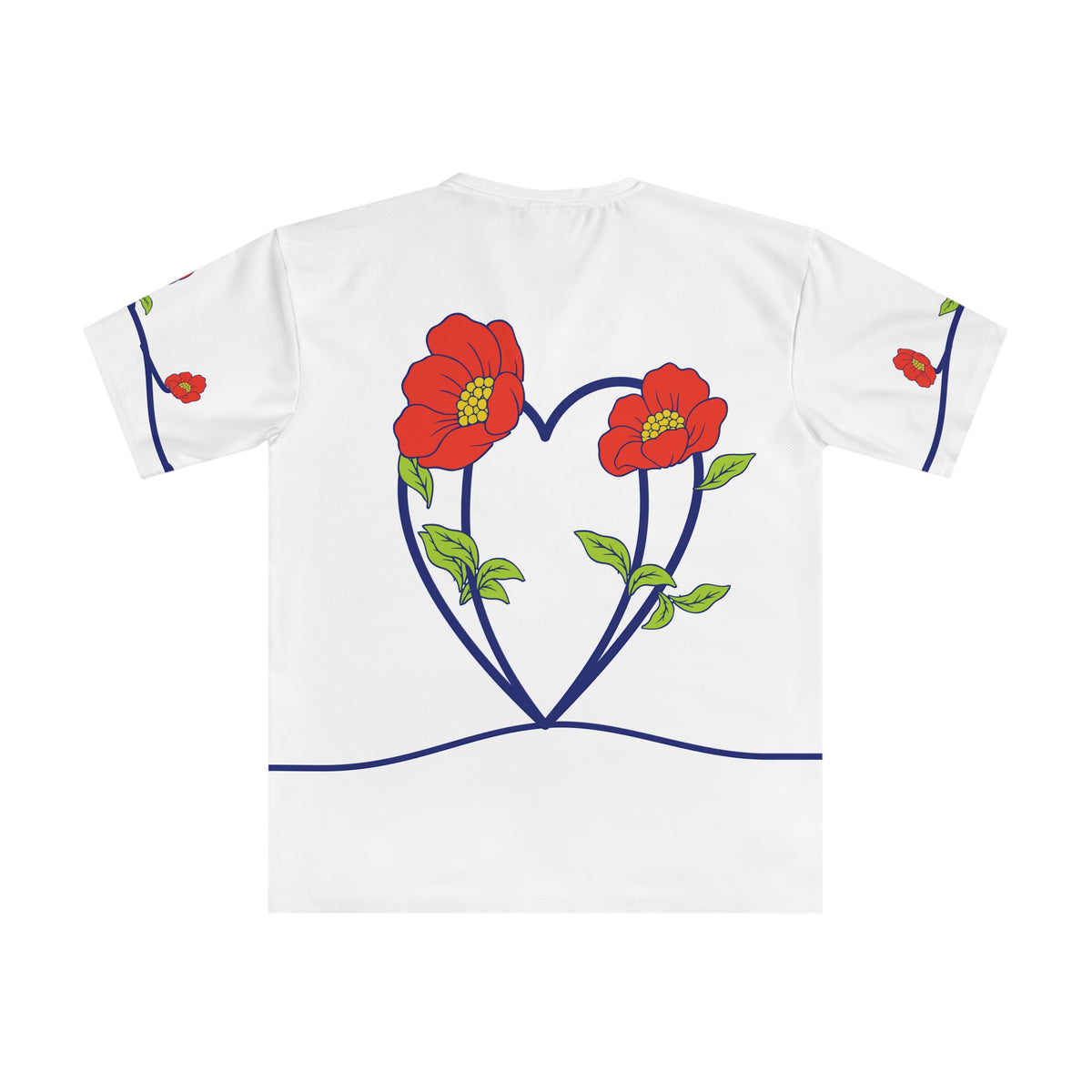 Back of the Roots & Roads “I speak English but my heart is French” T-shirt with coordinated coral flowers and lime leaves on cobalt stems.