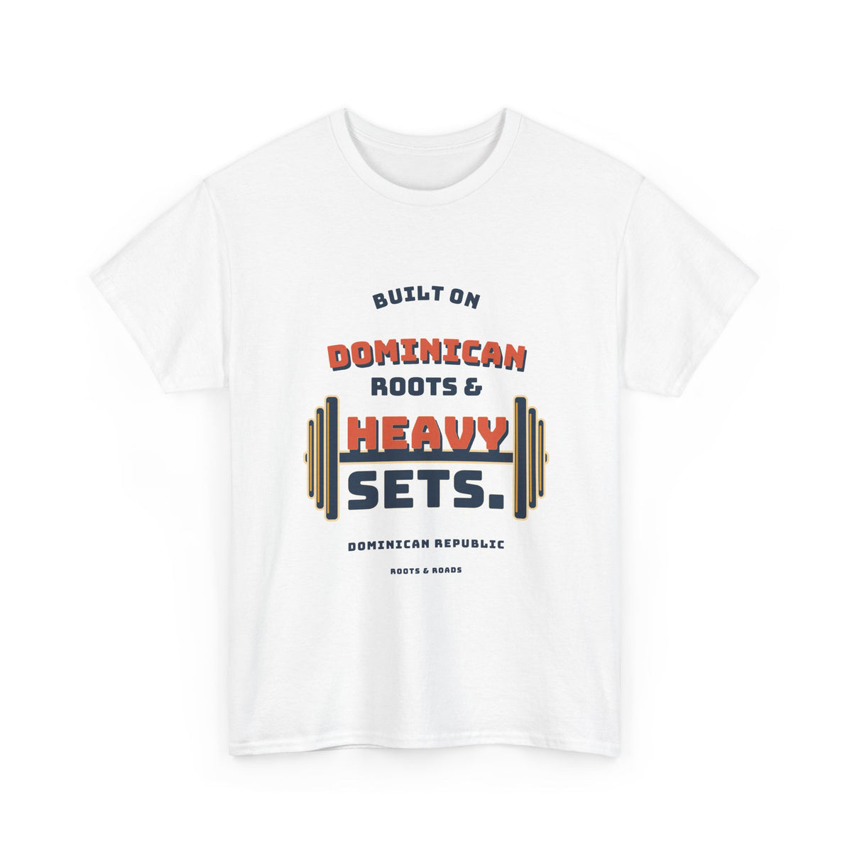 Dominican Republic Heavy Sets Gym T-Shirt in White, front view with vintage strength-club lettering and an integrated barbell.