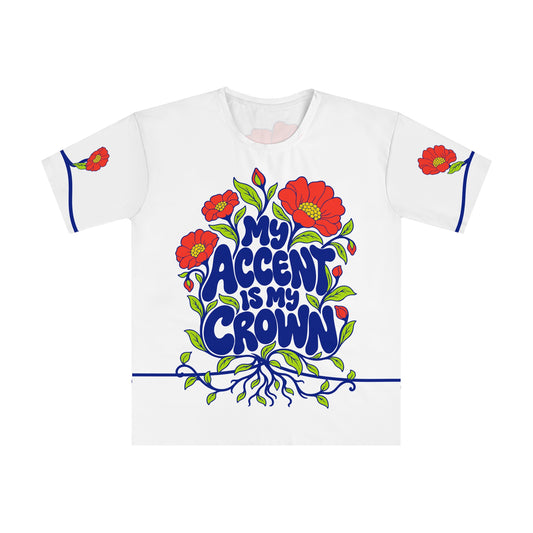 Front of the Roots & Roads “My accent is my crown” T-shirt with cobalt lettering, coral flowers and lime foliage on white.