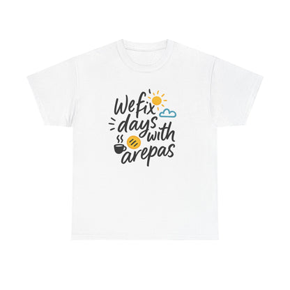 White Colombia T-shirt with an arepas-themed lettering design