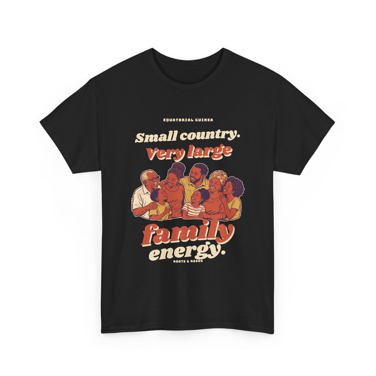 Equatorial Guinea Large Family Energy T-Shirt — Black — front vintage family illustration by Roots & Roads