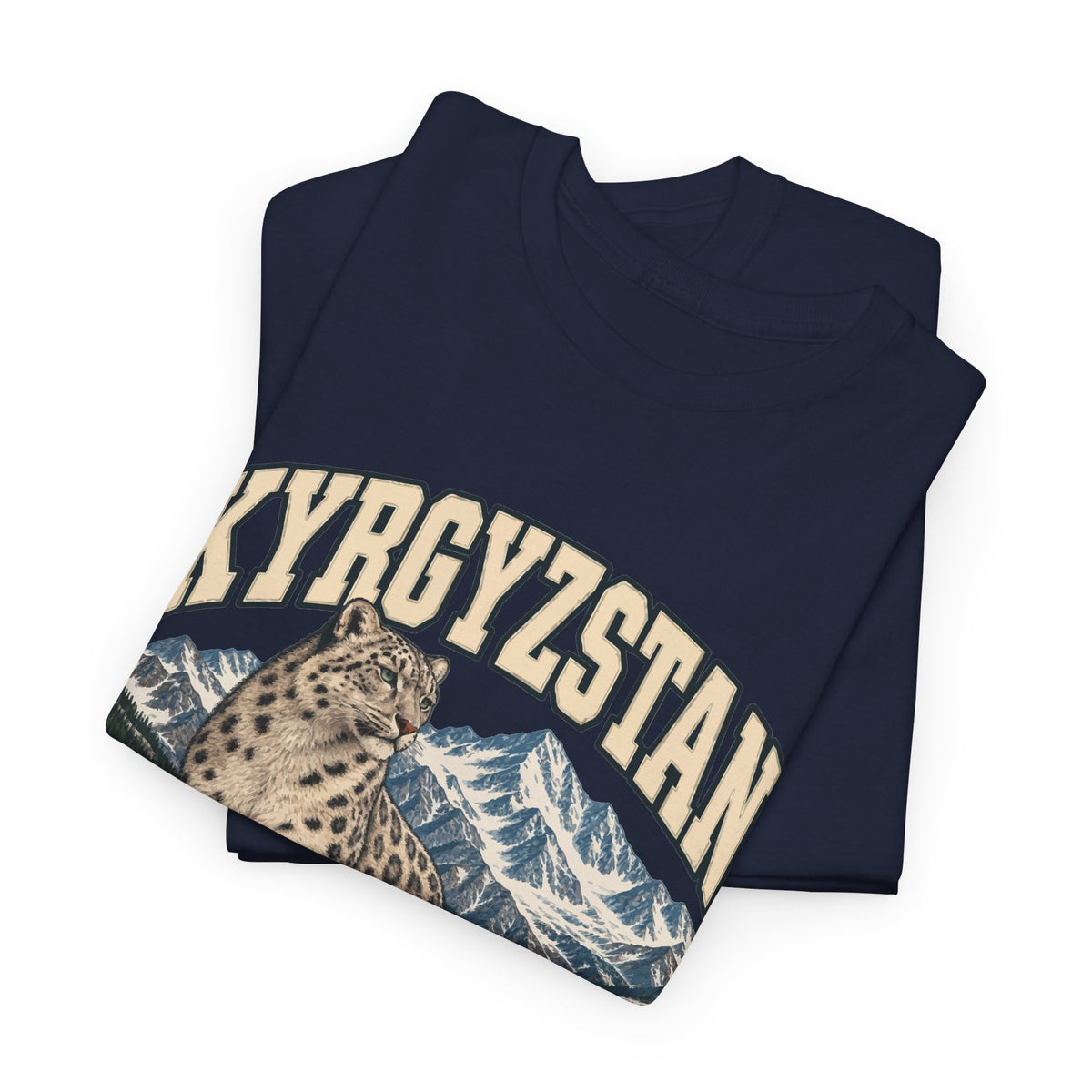Folded Navy Kyrgyzstan Fresh Prints T-shirt showing the country lettering and part of the illustration.