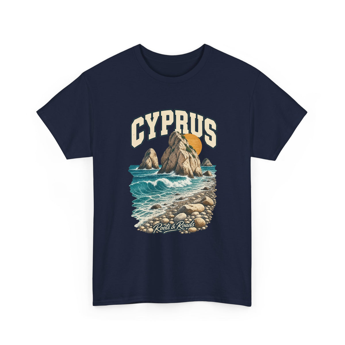 Front view of a Navy Gildan 5000 T-shirt with cream CYPRUS lettering, sea rocks, turquoise waves, a pebble beach, warm sun and Roots & Roads script.
