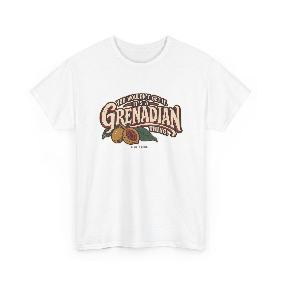 White Grenada Grenadian Thing T-Shirt, draped front view, with sweeping vintage Grenadian lettering, nutmeg, red mace and leaves