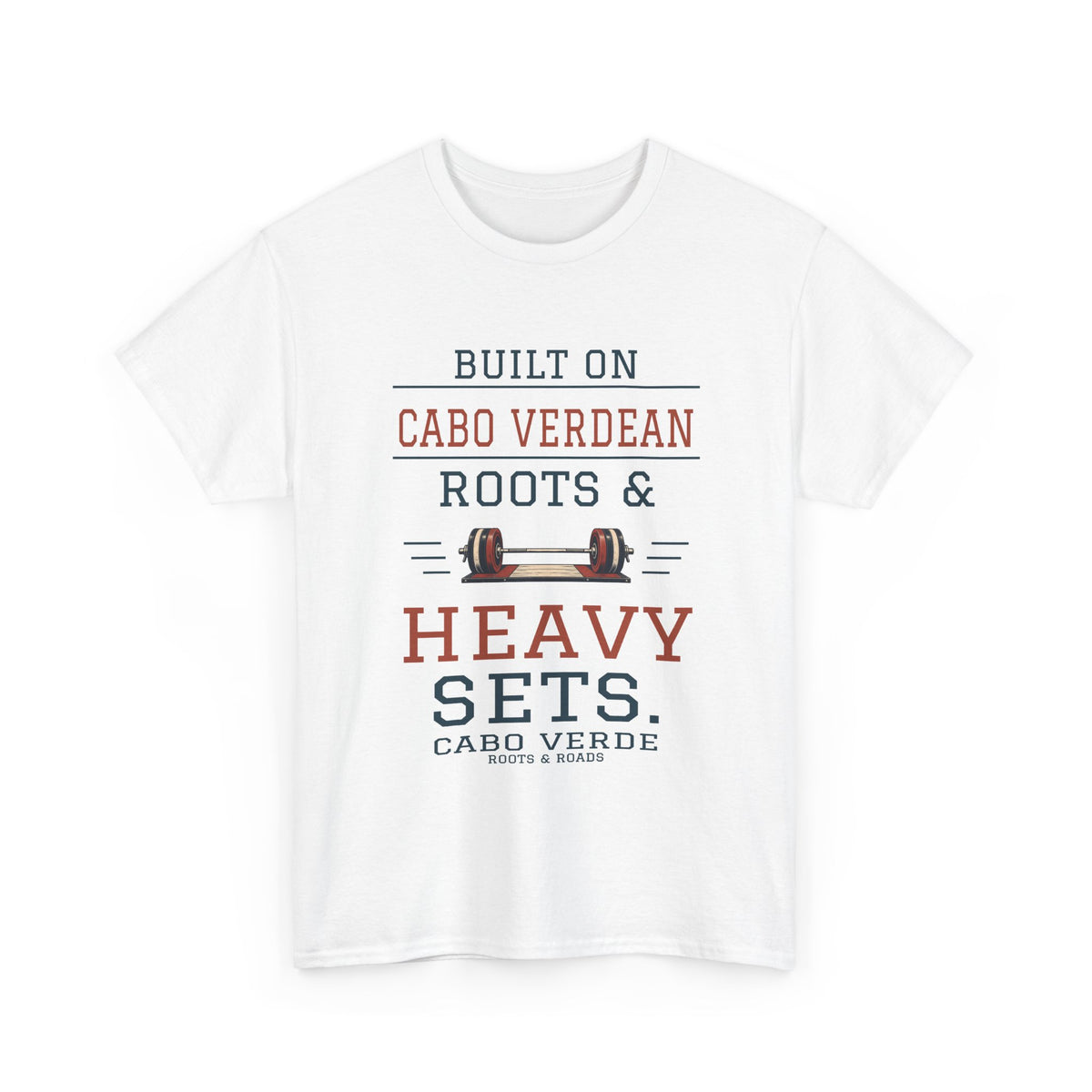Front view of Cabo Verde Heavy Sets Gym T-Shirt in White, showing the Roots & Roads printed design.