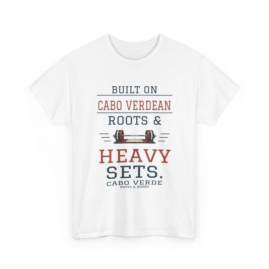 Front view of Cabo Verde Heavy Sets Gym T-Shirt in White, showing the Roots & Roads printed design.