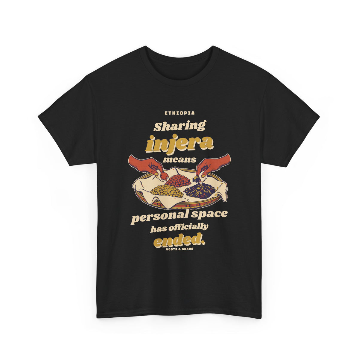Black Ethiopia Personal Space T-Shirt with vintage injera illustration, front view.