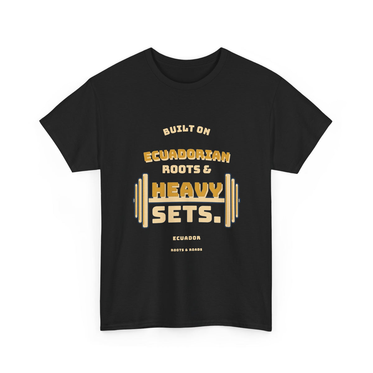 Ecuador Heavy Sets Gym T-Shirt in Black — vintage athletic lettering and loaded weights; front design.