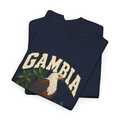 Folded Navy Gambia Fresh Prints T-shirt showing cream GAMBIA lettering and the upper part of its country illustration.