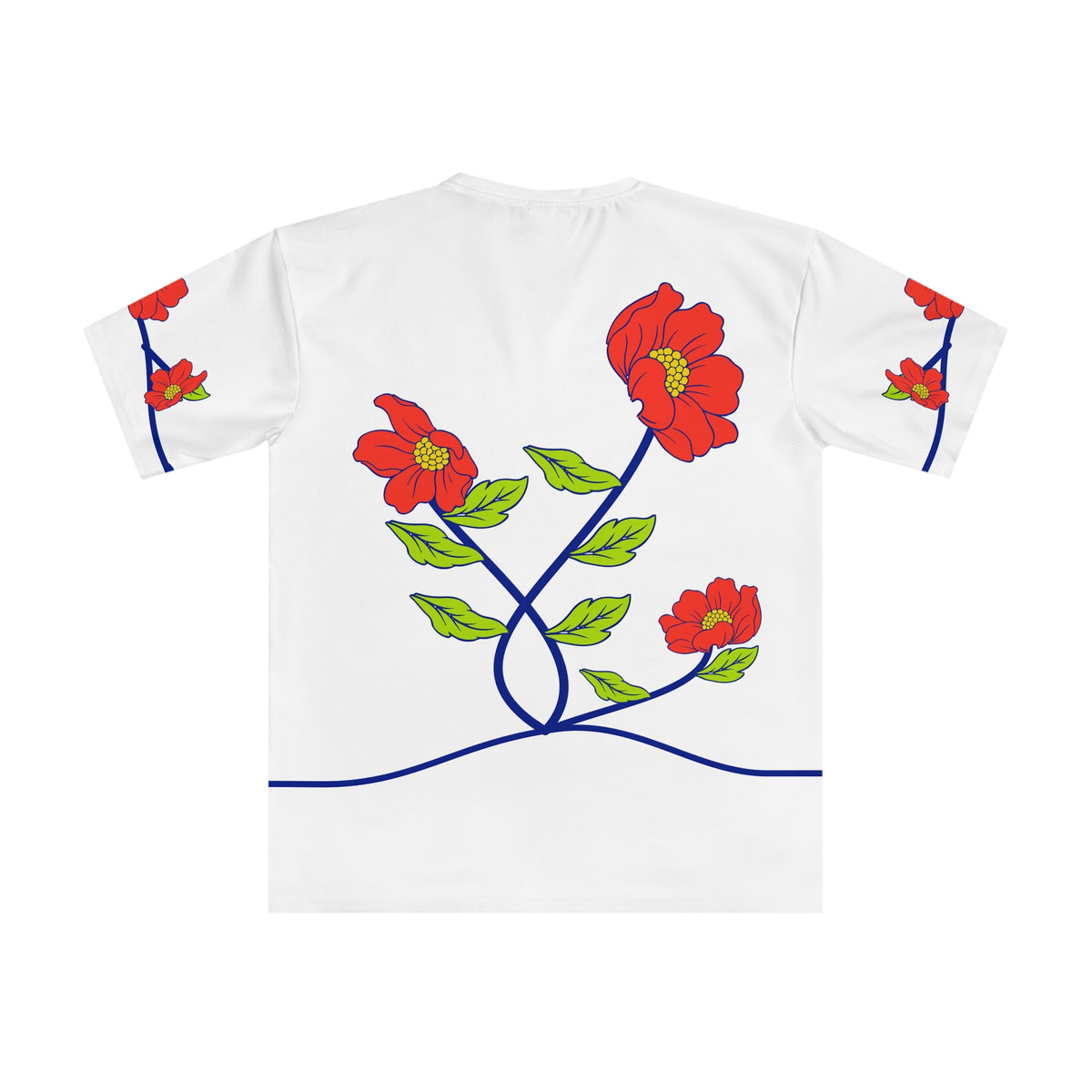 Back of the Russian quote T-shirt with flowing cobalt branches, coral flowers and lime leaves.