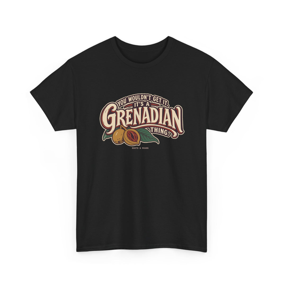 Black Grenada Grenadian Thing T-Shirt, draped front view, with sweeping vintage Grenadian lettering, nutmeg, red mace and leaves