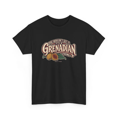 Black Grenada Grenadian Thing T-Shirt, draped front view, with sweeping vintage Grenadian lettering, nutmeg, red mace and leaves