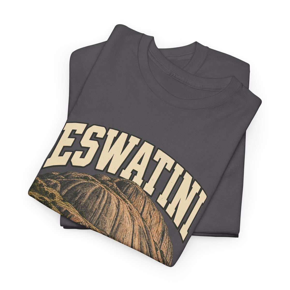 Folded Charcoal Eswatini Fresh Prints T-shirt showing cream ESWATINI lettering and the upper part of its country illustration.