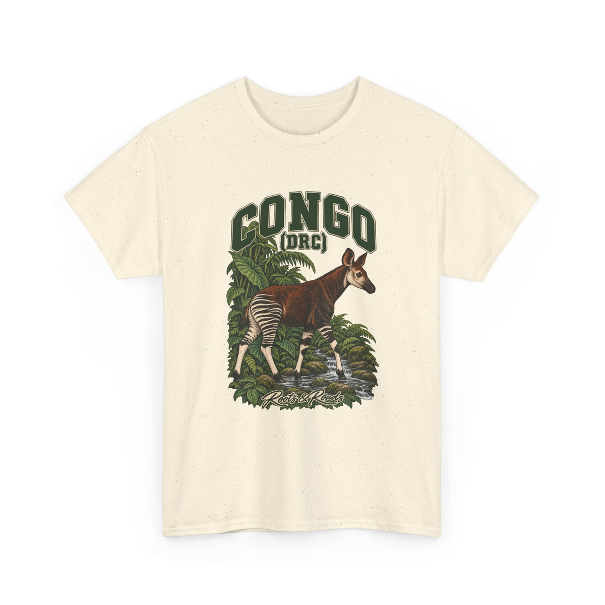 Front view of a Natural Gildan 5000 T-shirt with green CONGO (DRC) lettering above an okapi in a rainforest stream framed by broad leaves, finished with Roots & Roads script.