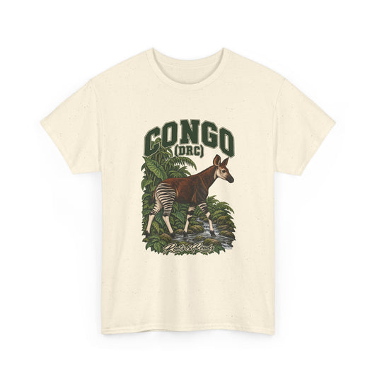 Front view of a Natural Gildan 5000 T-shirt with green CONGO (DRC) lettering above an okapi in a rainforest stream framed by broad leaves, finished with Roots & Roads script.