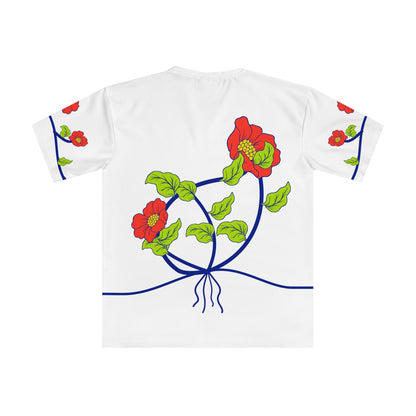 Back of the Roots & Roads “Too foreign for here, too local for there” T-shirt with asymmetric looping cobalt stems, two coral flowers, broad lime leaves and roots.