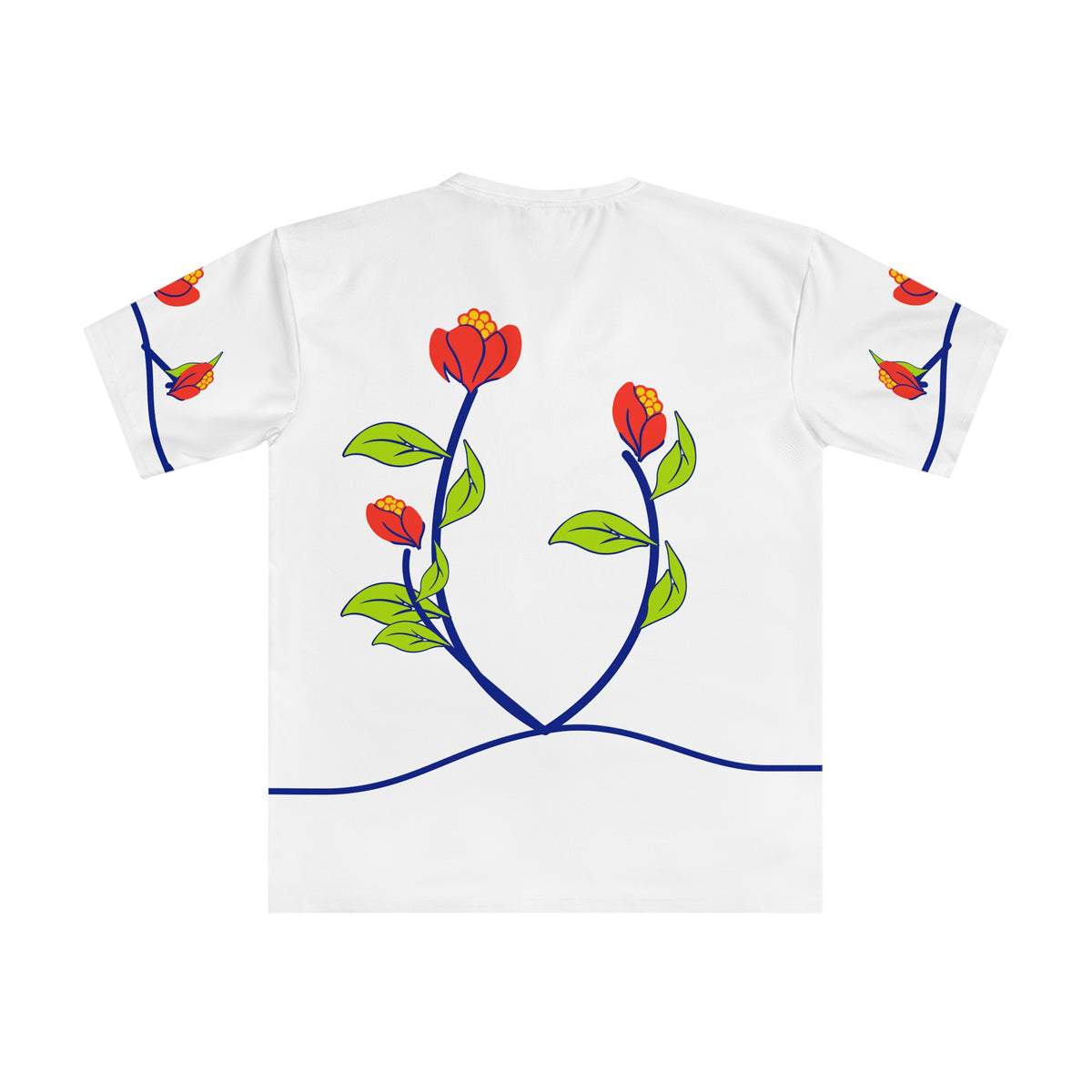 Back of the Roots & Roads Swahili T-shirt with coordinated coral flowers, lime leaves and softly curved cobalt stems on white.