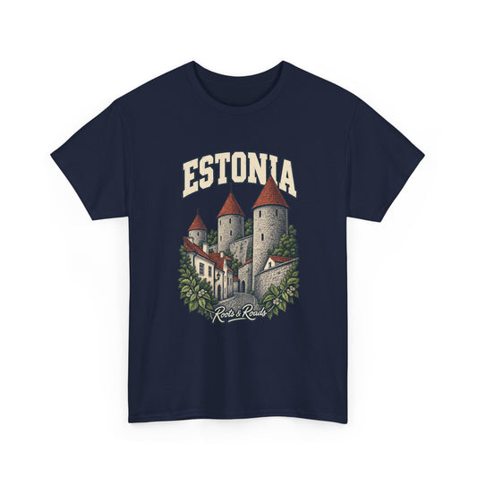 Front view of a Navy Gildan 5000 T-shirt with cream ESTONIA lettering above red-roofed stone towers, a town wall and leafy branches, finished with Roots & Roads script.
