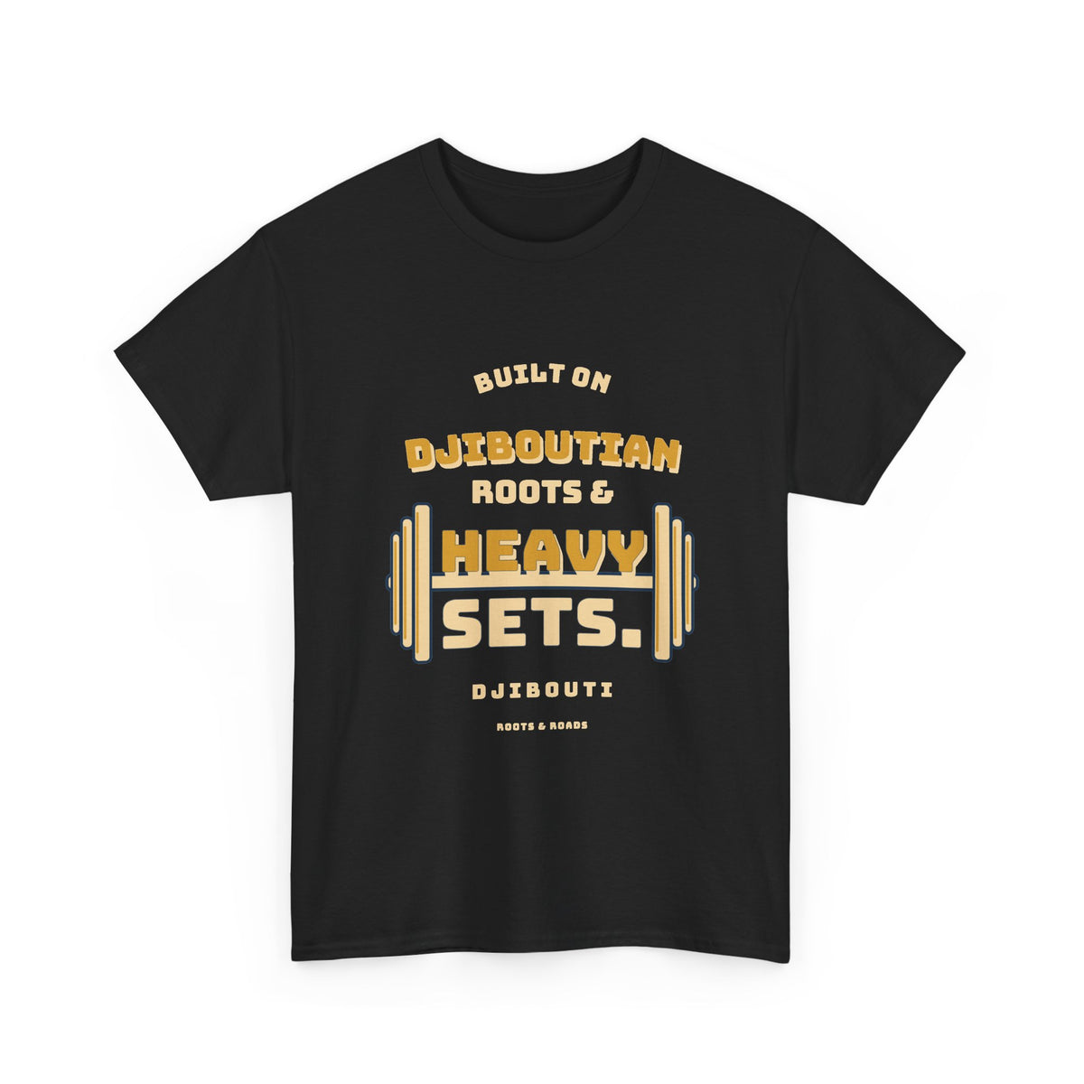 Djibouti Heavy Sets Gym T-Shirt in Black, with vintage athletic lettering and integrated weight plates on the front.