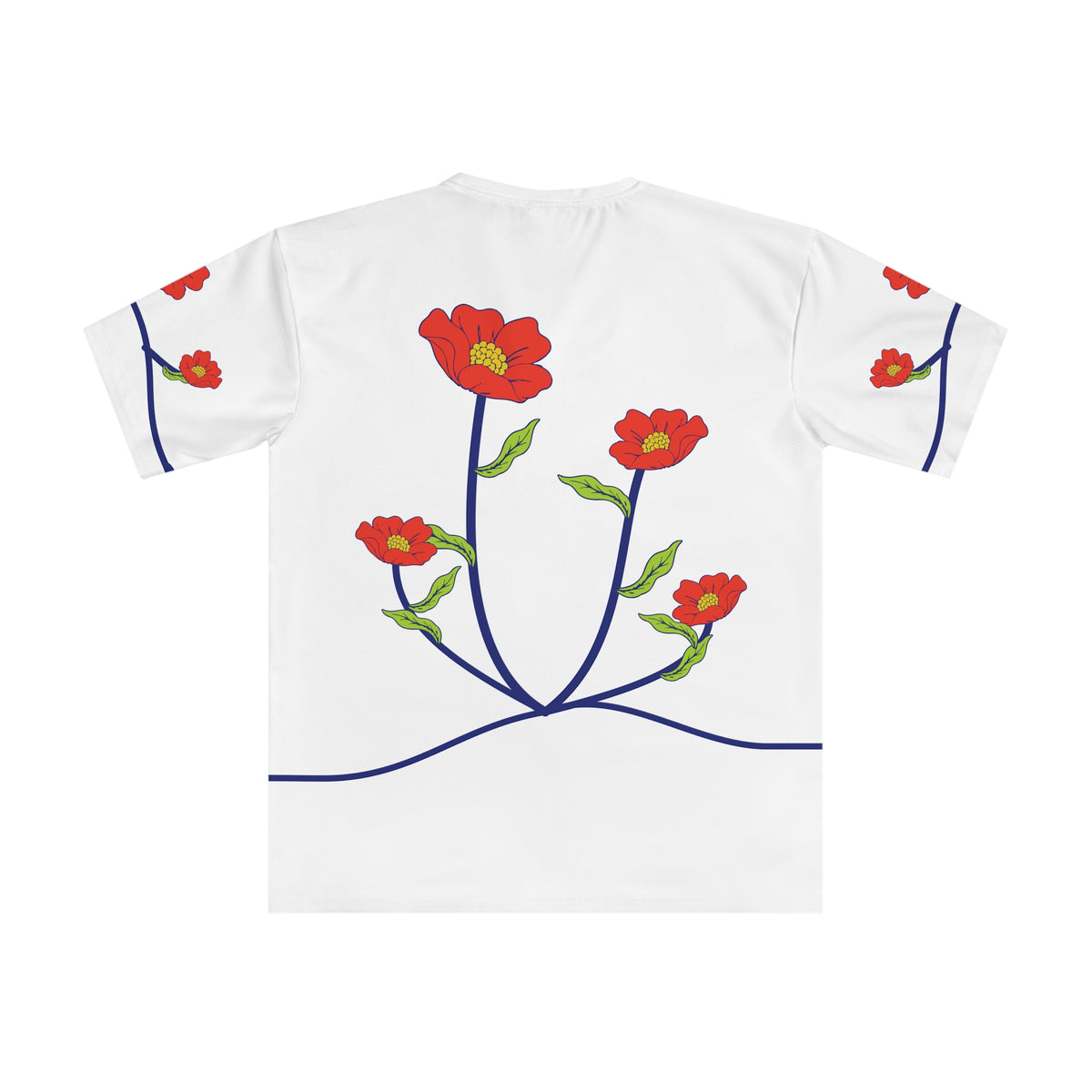 Back of the I bloom in foreign soil all-over-print T-shirt with flowing flower stems and sleeve artwork