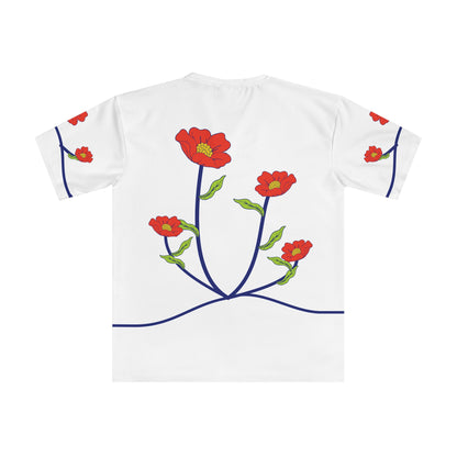 Back of the I bloom in foreign soil all-over-print T-shirt with flowing flower stems and sleeve artwork
