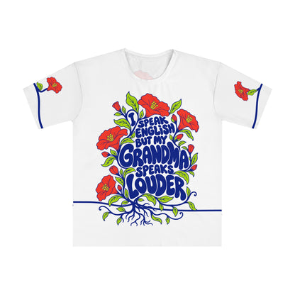 Front of the Roots & Roads “I speak English but my grandma speaks louder” T-shirt with cobalt lettering, coral flowers and lime foliage on white.
