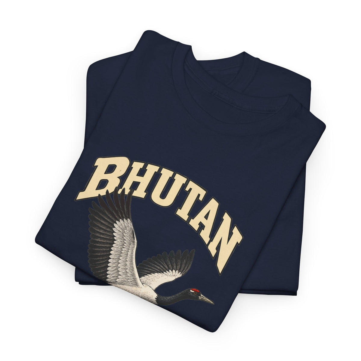 Folded Navy Bhutan Fresh Prints T-shirt showing cream collegiate lettering and a black-necked crane with outstretched wings.