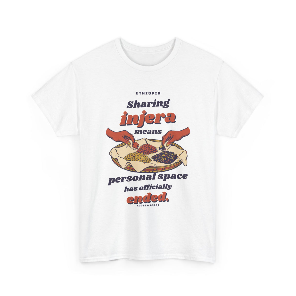White Ethiopia Personal Space T-Shirt with vintage injera illustration, front view.
