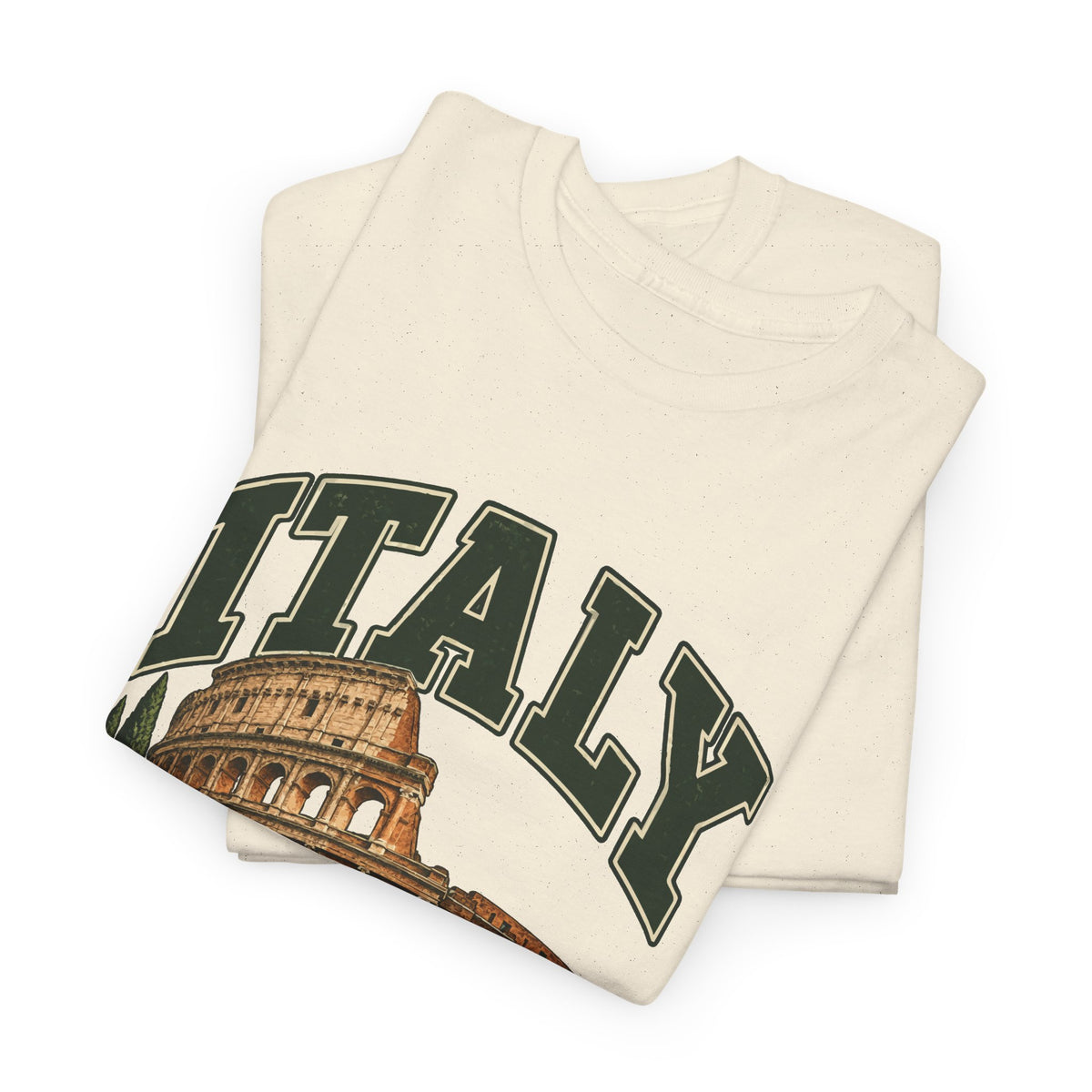 Folded Natural Italy Fresh Prints T-shirt showing dark-green country lettering and part of the illustration.