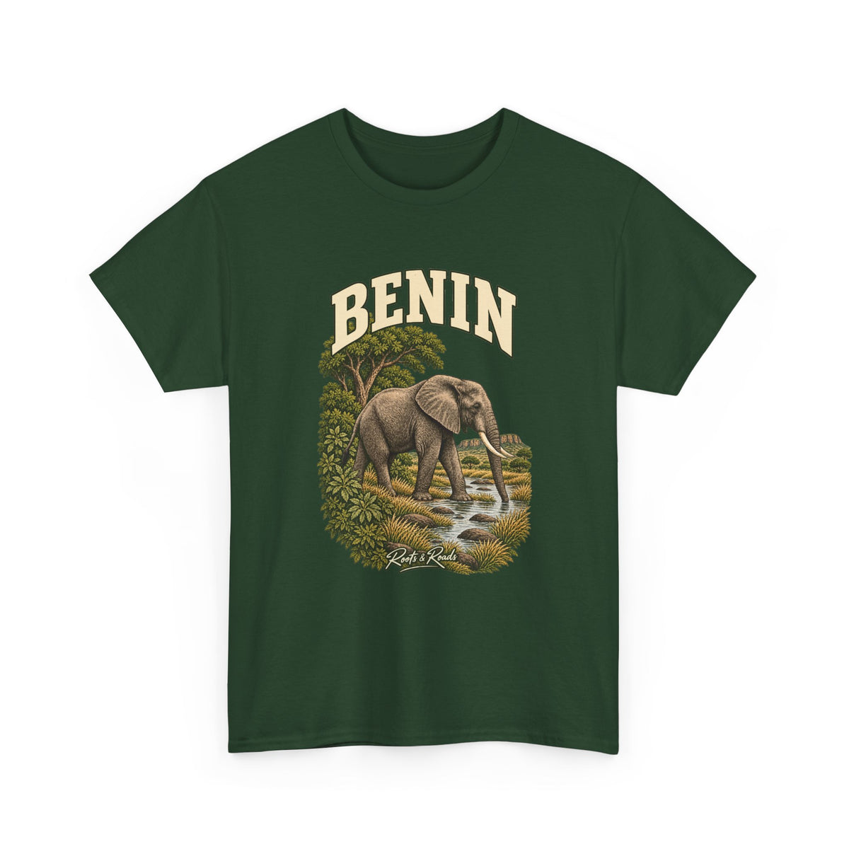 Front view of a Forest Green Gildan 5000 T-shirt with cream BENIN lettering, an elephant at a stream, leafy trees, grasses and Roots & Roads script.