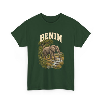 Front view of a Forest Green Gildan 5000 T-shirt with cream BENIN lettering, an elephant at a stream, leafy trees, grasses and Roots & Roads script.