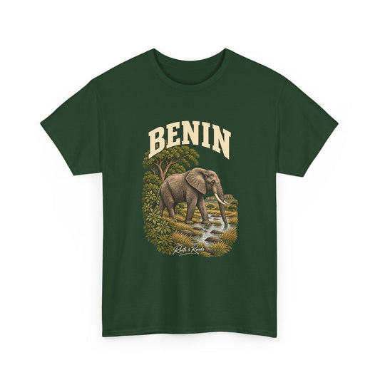 Front view of a Forest Green Gildan 5000 T-shirt with cream BENIN lettering, an elephant at a stream, leafy trees, grasses and Roots & Roads script.