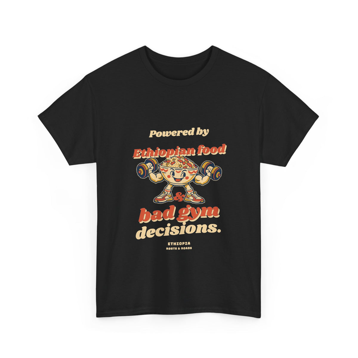 Black Ethiopia Bad Gym Decisions T-Shirt with vintage food-lifter illustration, front view.