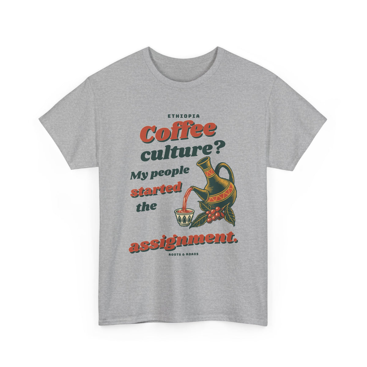 Sport Grey Ethiopia Coffee Culture T-Shirt with expressive vintage lettering, a pouring jebena and coffee branch, front view.