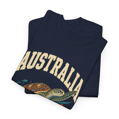 Folded Navy Australia Fresh Prints T-shirt showing cream collegiate AUSTRALIA lettering and the sea-turtle illustration.