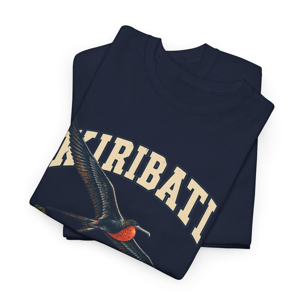 Folded Navy Kiribati Fresh Prints T-shirt showing the country lettering and part of the illustration.