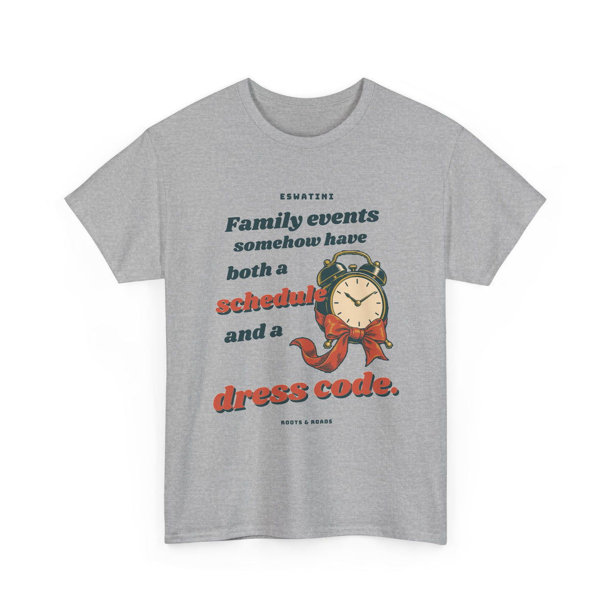 Sport Grey Eswatini Family Dress Code T-Shirt with expressive retro lettering and a bow-tied alarm clock, front view.