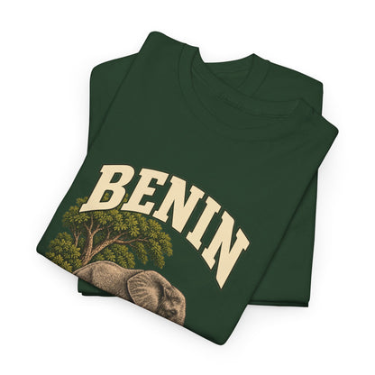 Folded Forest Green Benin Fresh Prints T-shirt showing cream collegiate lettering and part of the elephant and savanna illustration.
